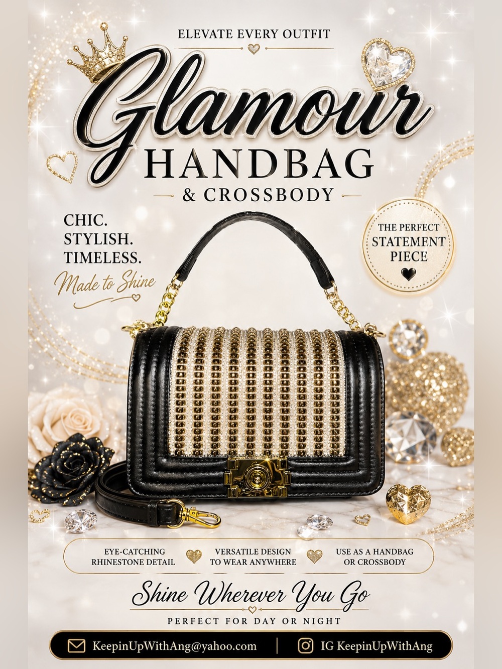 Glamour Fashion Handbag & Crossbody - Black and Gold